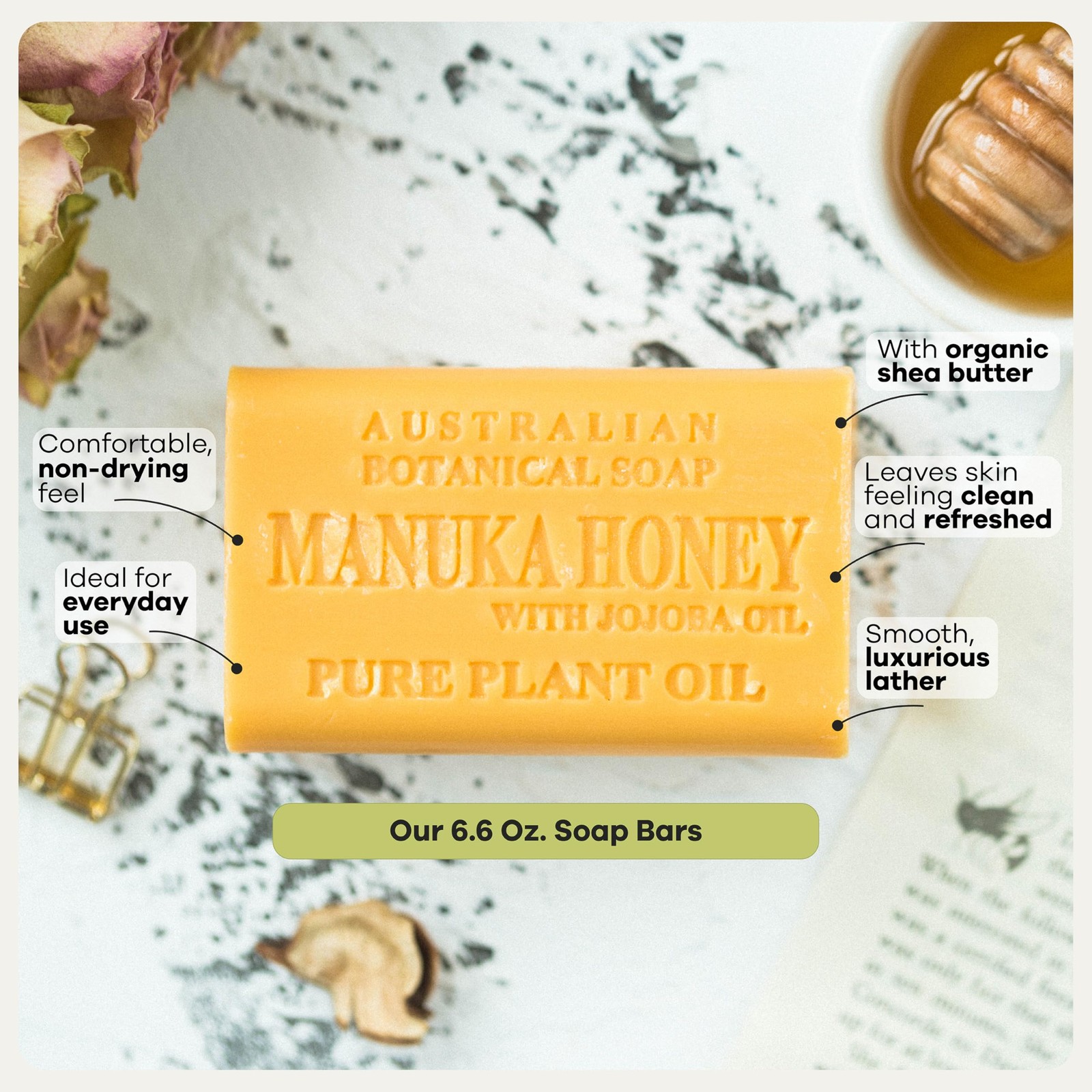 , 6.6 OZ, Manuka Honey and Jojoba Oil, Triple Milled Bars made with a Natural…