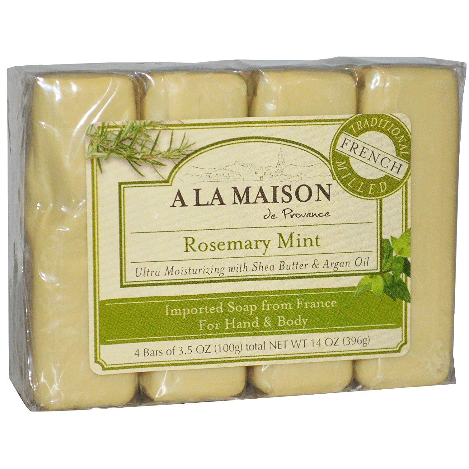 A La Maison Rosemary Mint Bar Soap with Shea Butter & Argan Oil 14 Ounce 4 Count