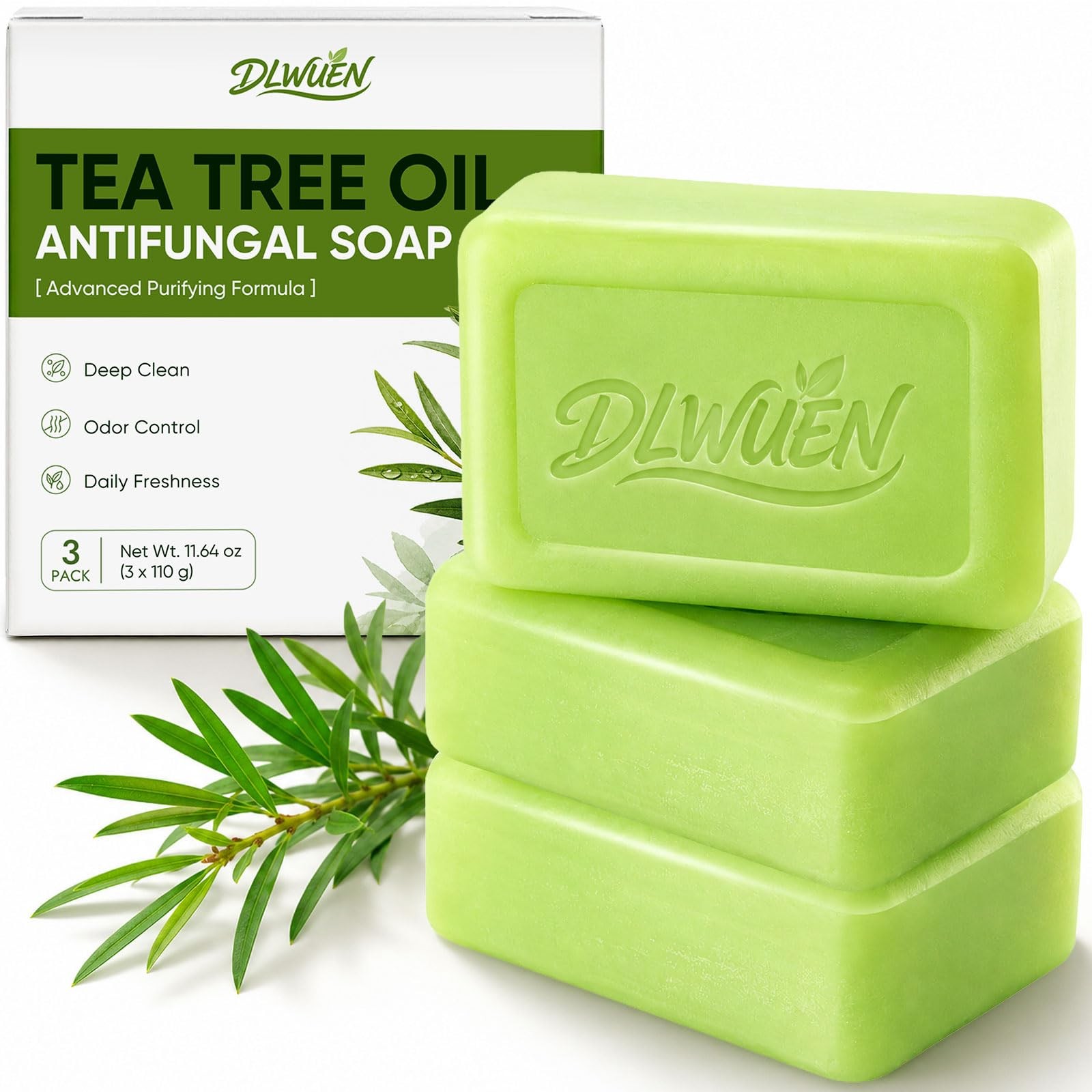 DLWUEN Antifungal Tea Tree Soap 3 Pack, 3.88 Ounce (Pack of 3), Green