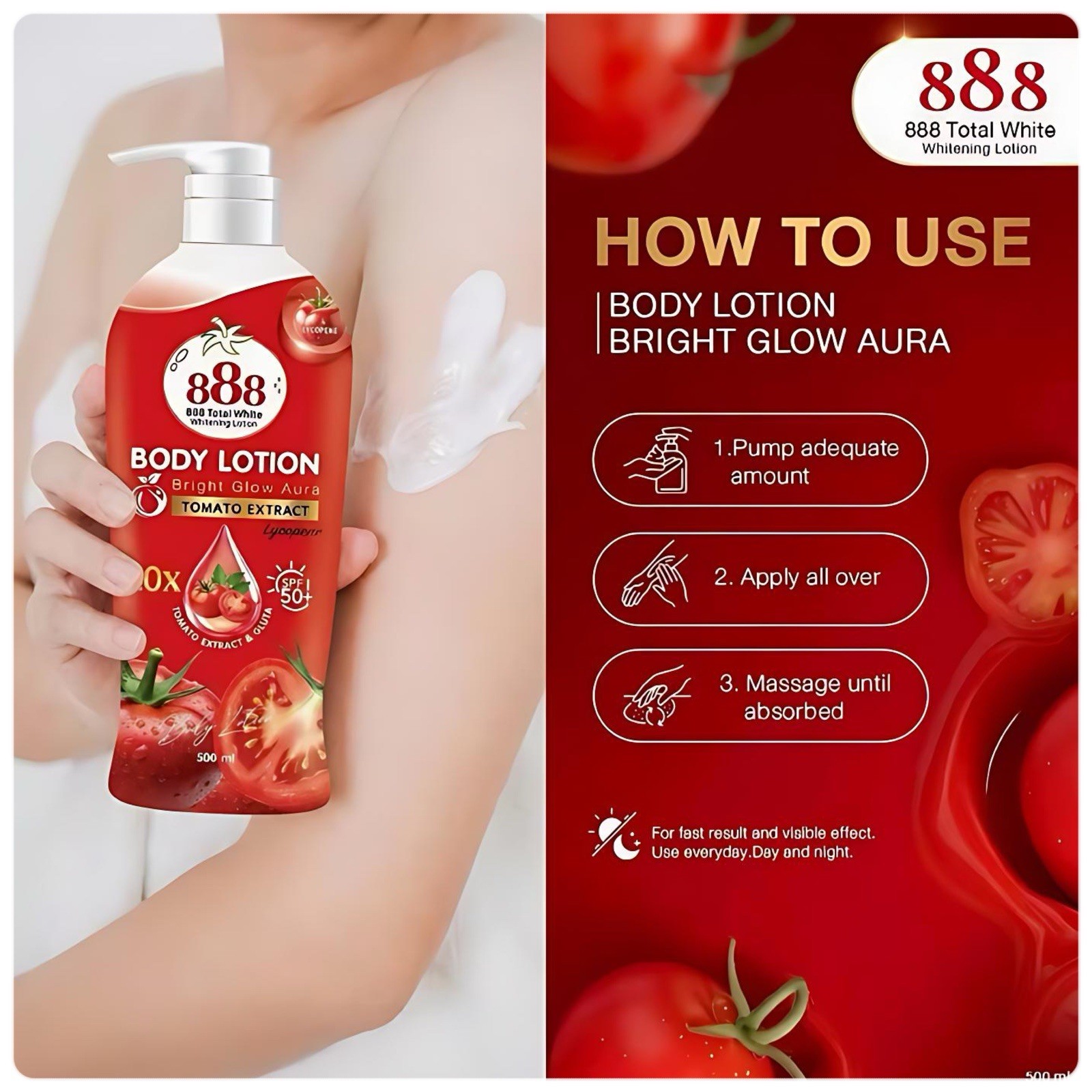888 Total White Tomato Body Lotion Tomato Extracts With Lycopen SPF50 500g
