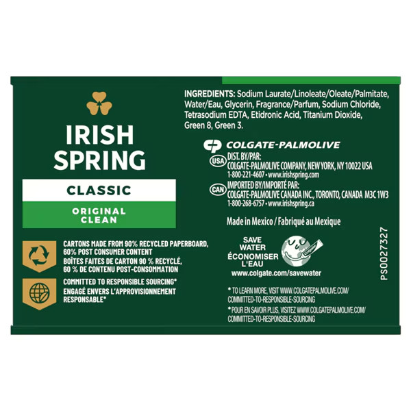 Irish Spring Classic Original Clean Bar Soap -12 Pack -24 Bars 3.2 Oz