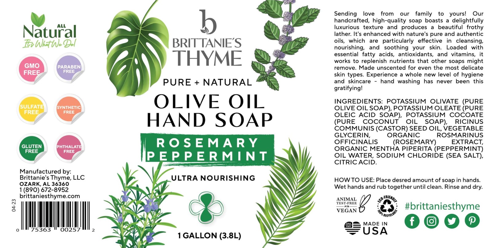 Pure Organic Castile Liquid Olive Oil Soap Refill, Rosemary Peppermint, 1 Gallon