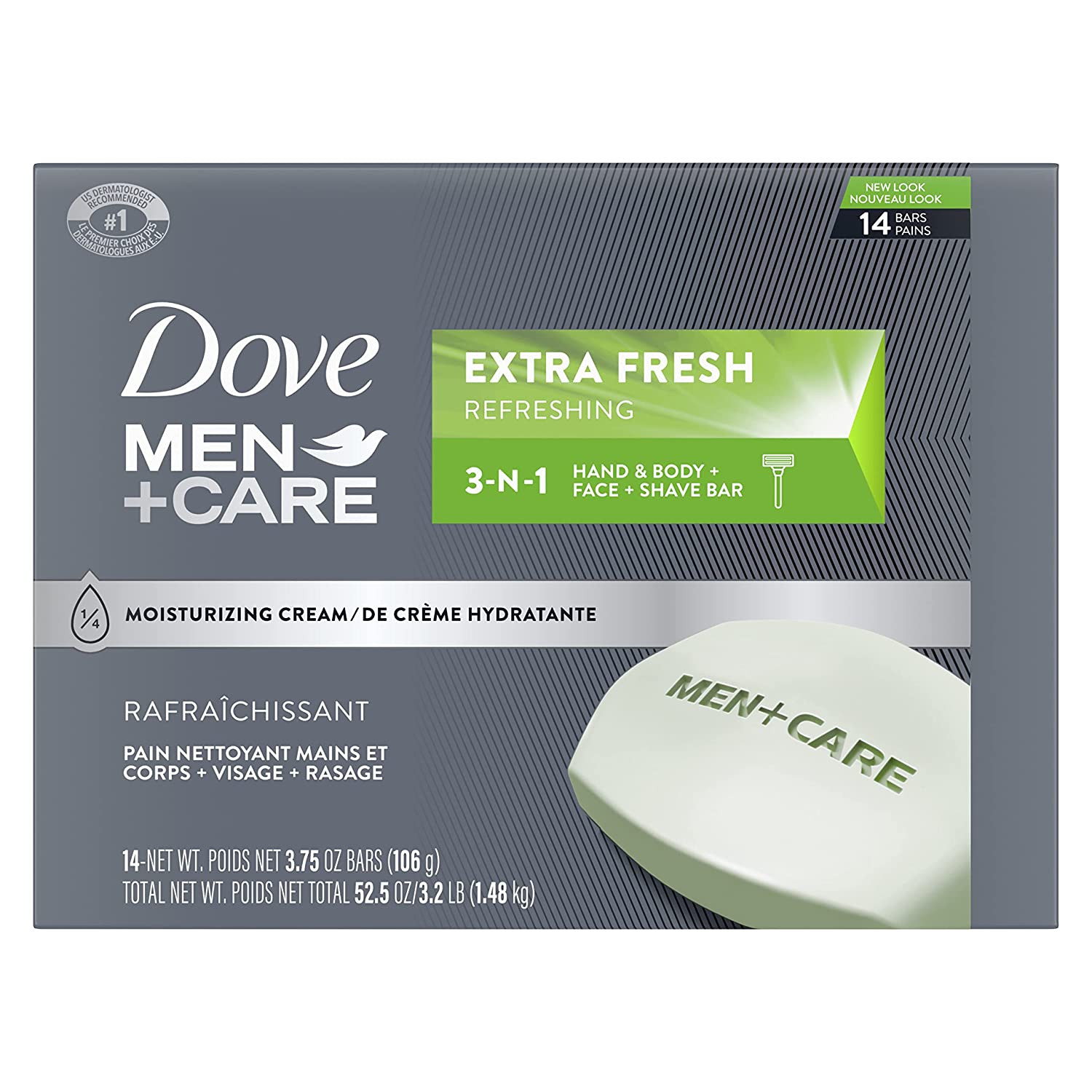 DOVE MEN + CARE 3 in 1 Bar Soap Cleanser Body, Face, Shaving, Extra Fresh 3.75oz