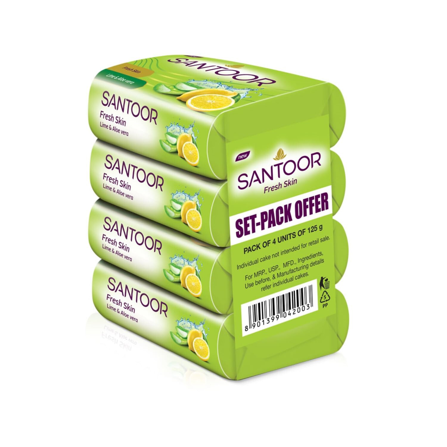 4No. Santoor Fresh Skin Aloe Vera & Lime Bathing Soap -Anti Ageing -125g -Free S
