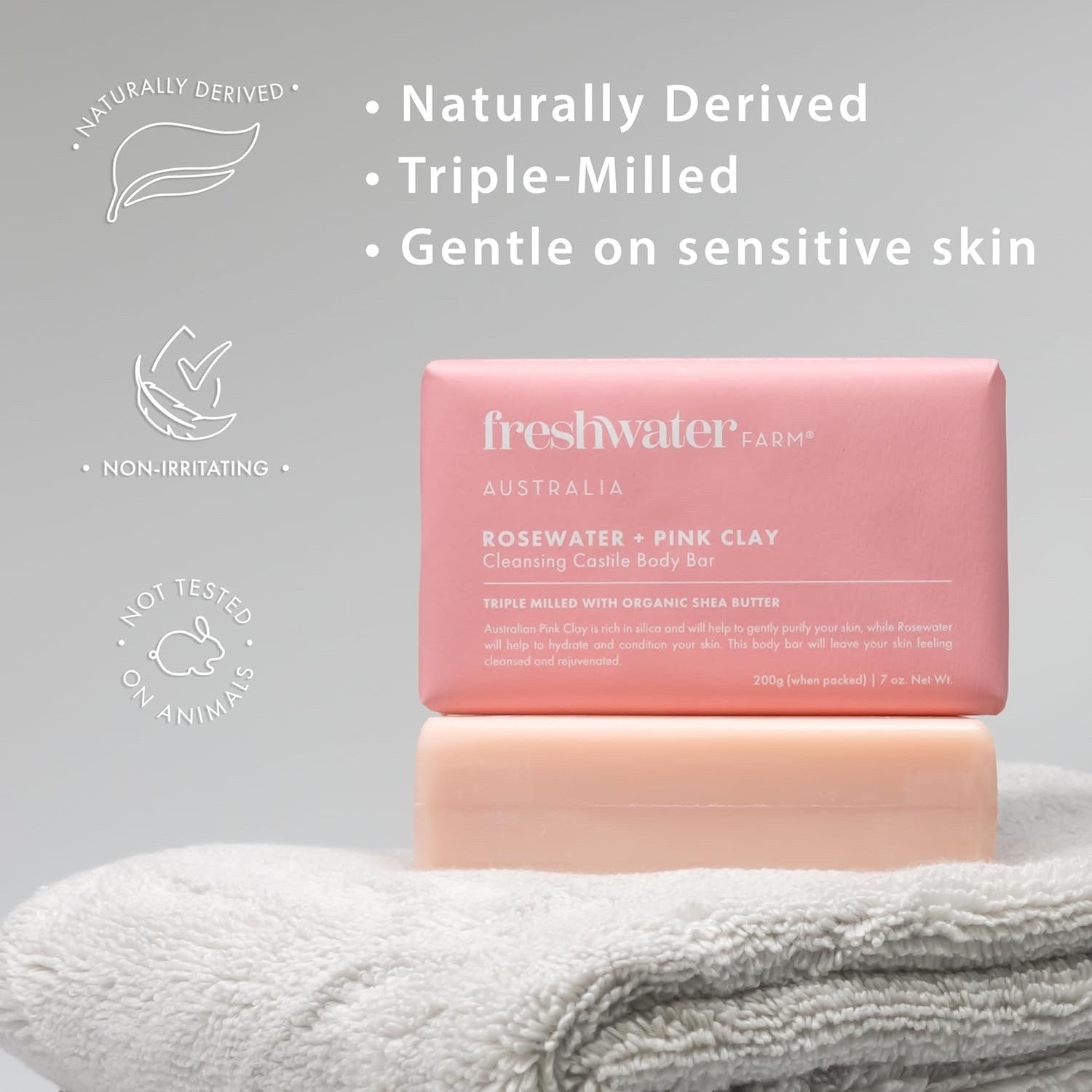 3-Pack | Freshwater Farm Australia Body Soap Bars | Rosewater + Pink Clay | 7 oz