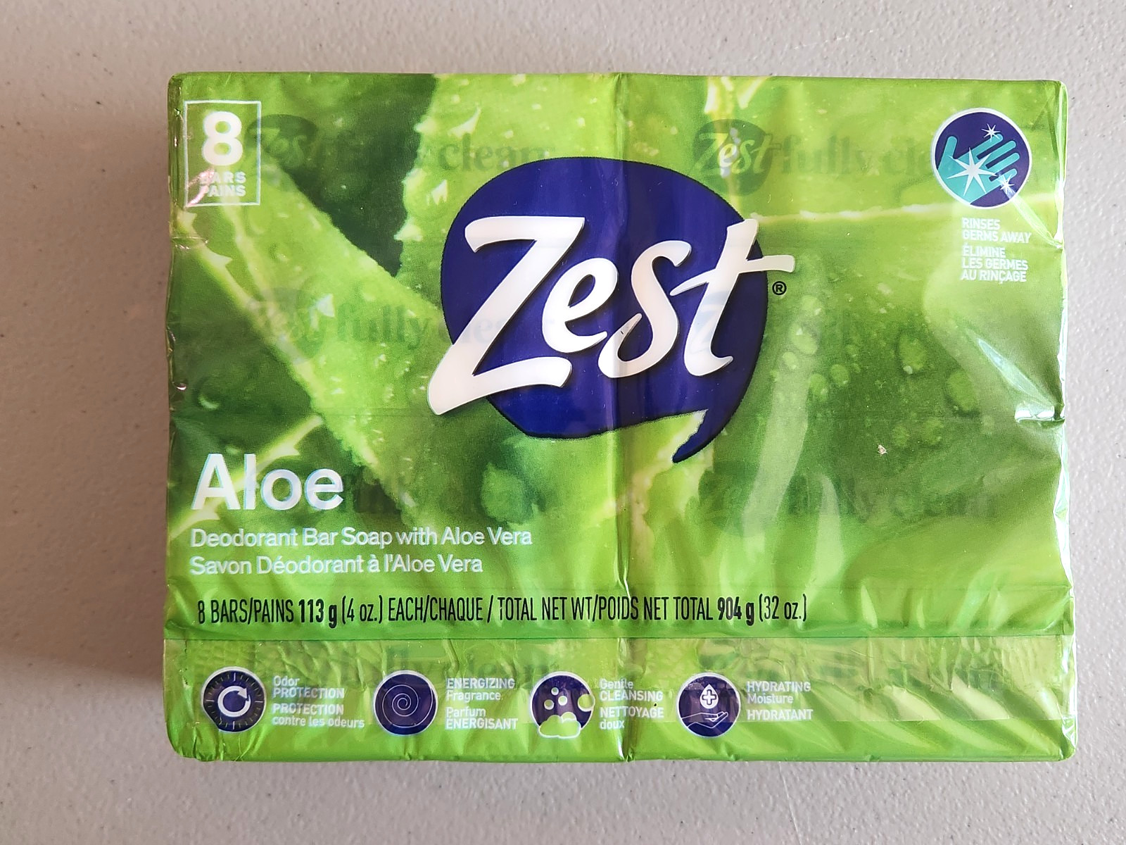NIP ZEST 8 Bar Aloe Deodorant Soap 4Oz Each 32 Oz Ttl. Odor Protection Hydrating