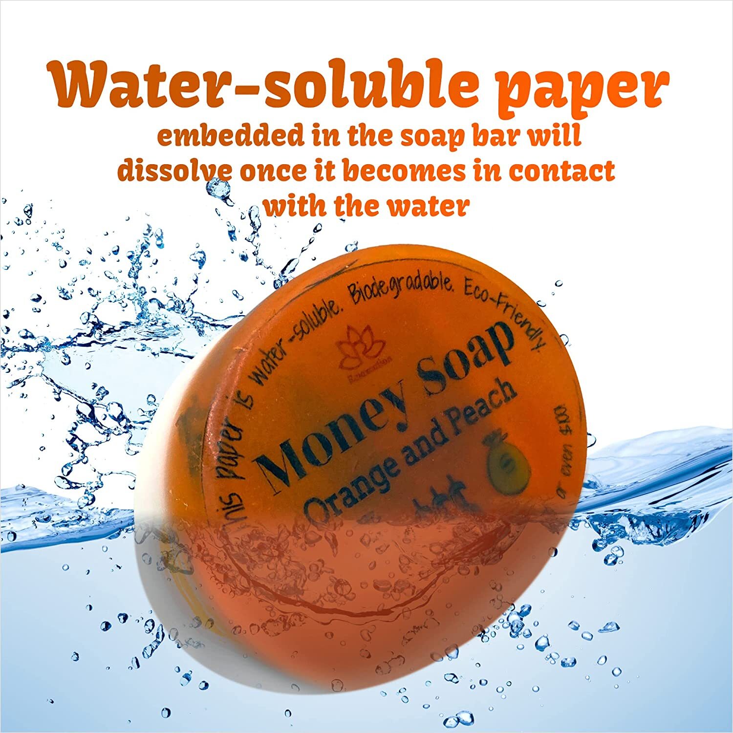 1 Glycerin Soap Bar with Real Money Inside with Cash Gift inside Orange & Peach