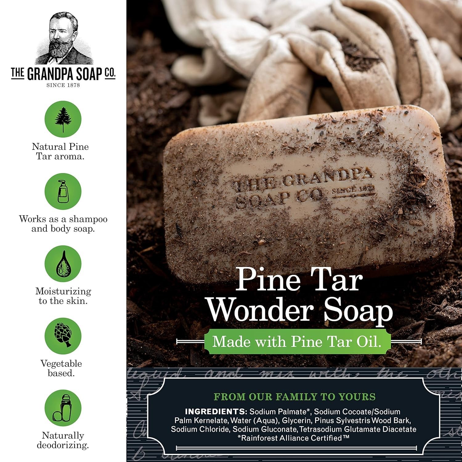 The Grandpa Soap Co Pine Tar Bar Soap 4.25 oz / 120 g Each (Pack of 10)