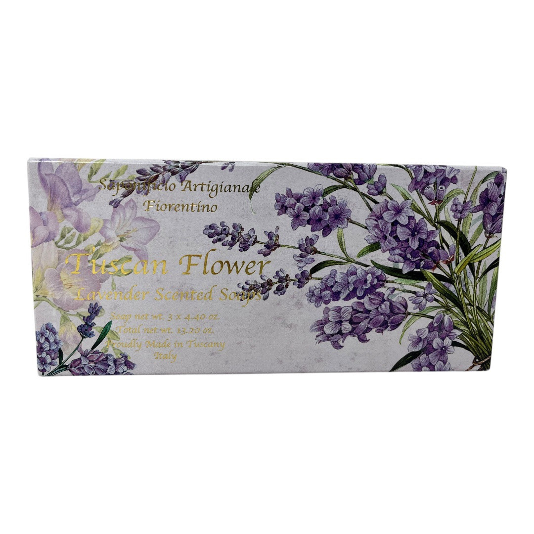 Saponificio TUSCAN FLOWER Lavender Scented Soaps Tuscany (3) 4.4 oz Italy Boxed