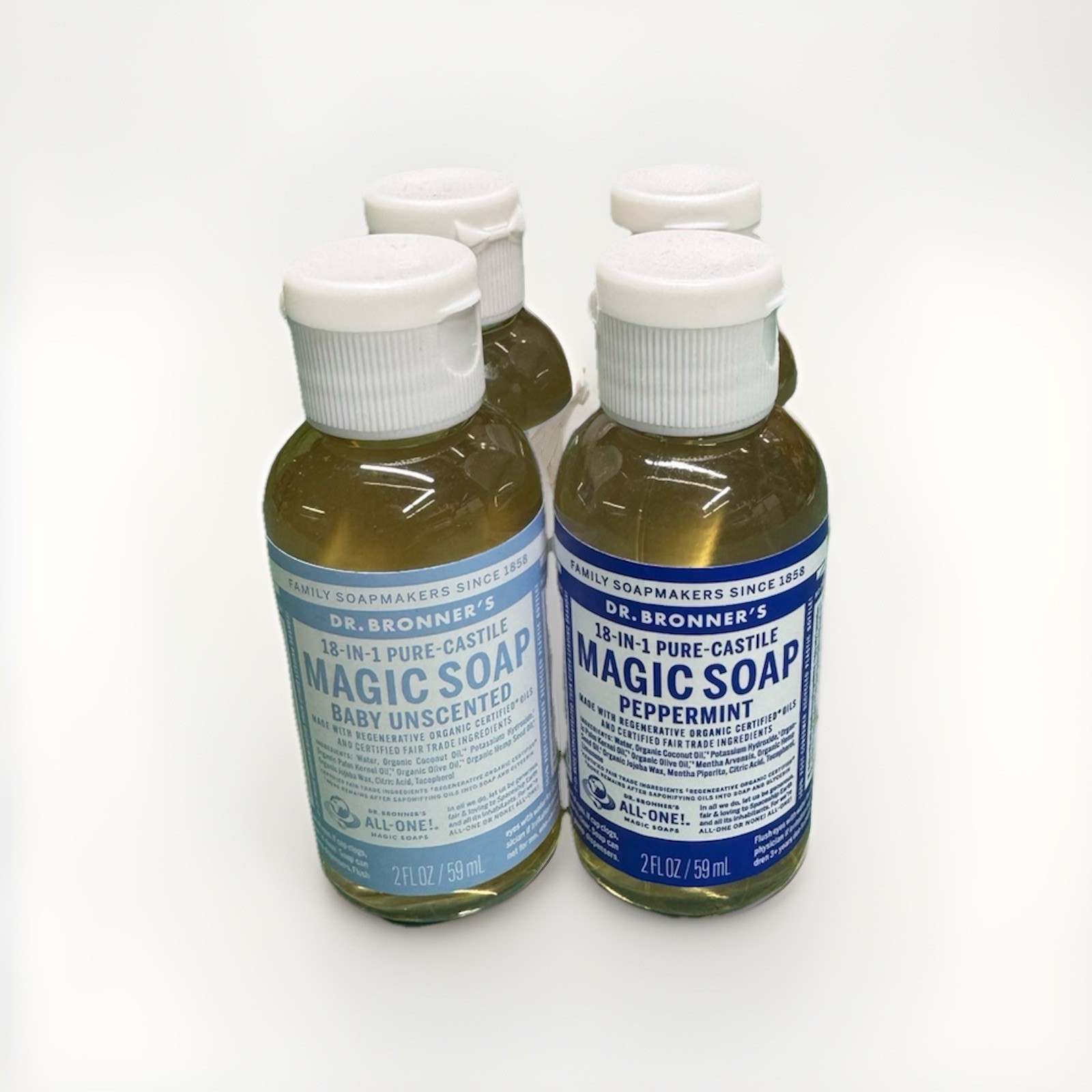 Dr. Bronner’s Magic Soap 2oz Travel Size Lot 4 Baby Unscented Peppermint New
