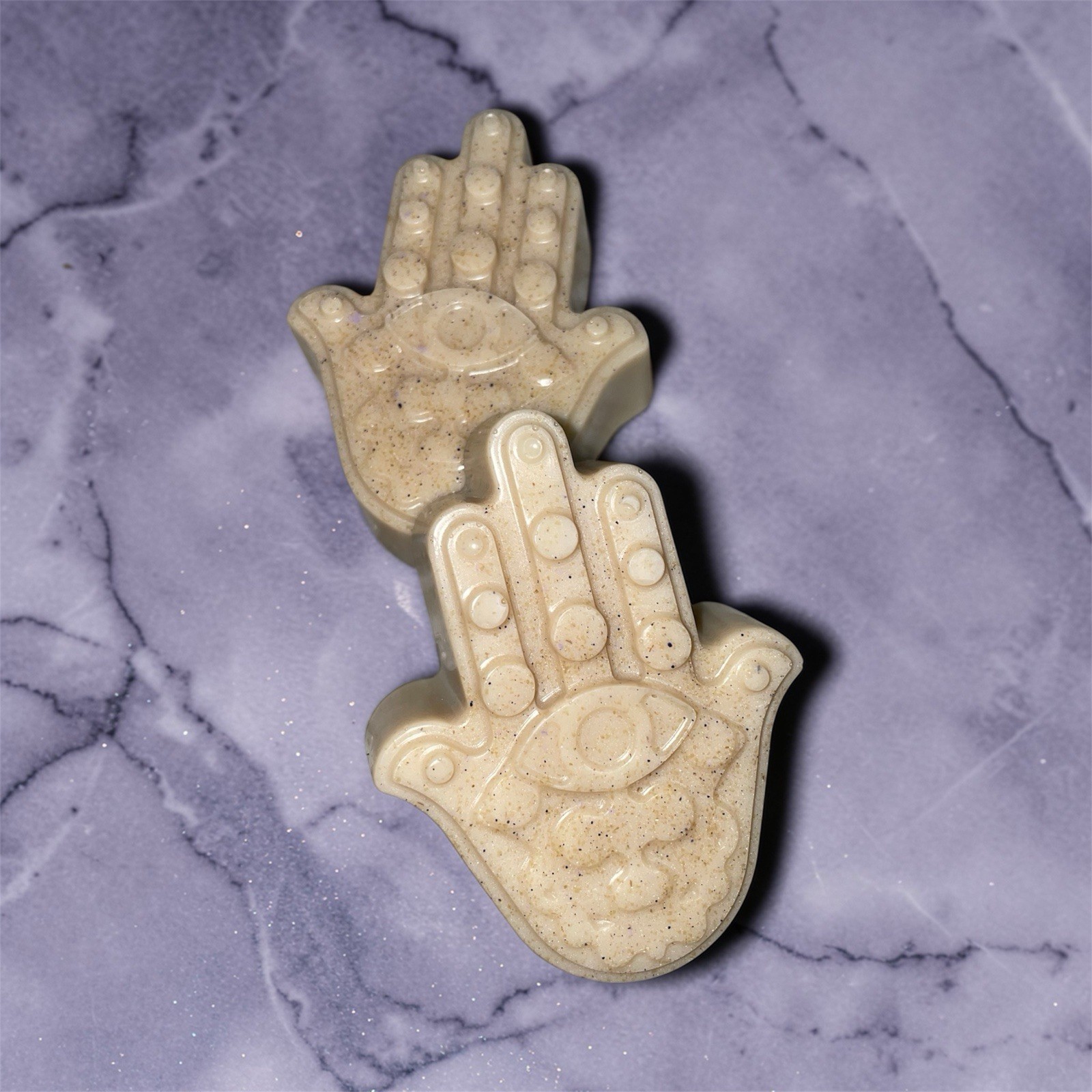 Set Of 2 Evil Eye Hamsa Hand All Natural Oatmeal Soap w/ Purple Flake, Patchouli