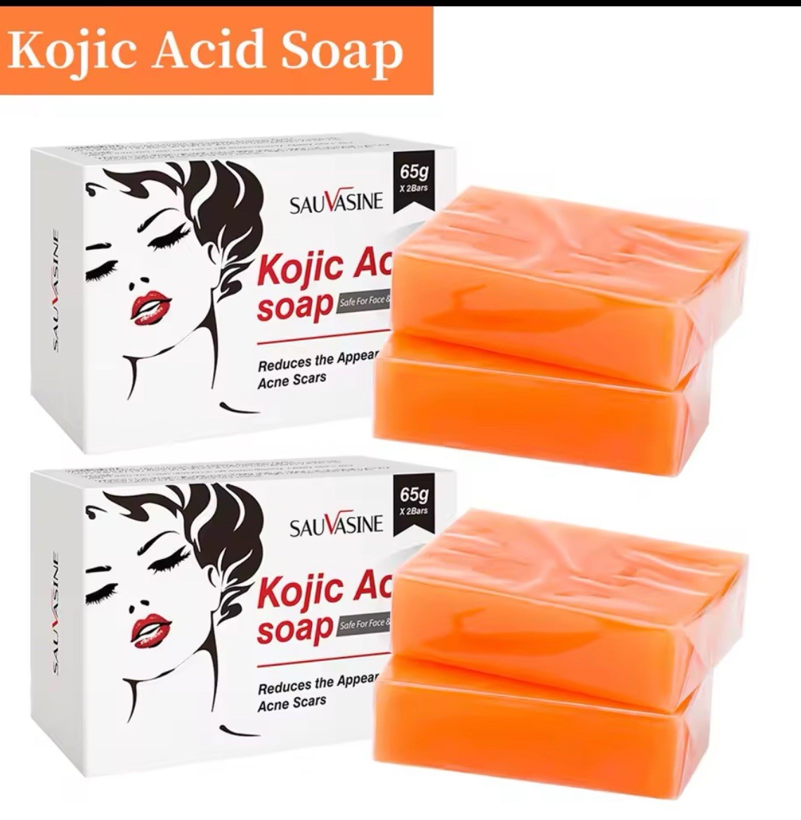 SAUVASINE Kojic Acid Soap Bar Reduces Acne Scars for Face & Body, 65g x 2 Bars