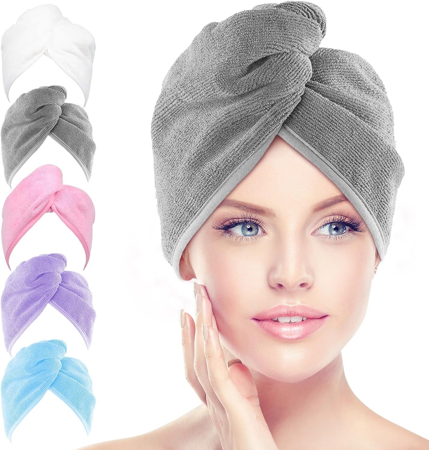 AIDEA Microfiber Hair Towel Wrap, 5 Pack Turbans, 26″×10″, Multicolor