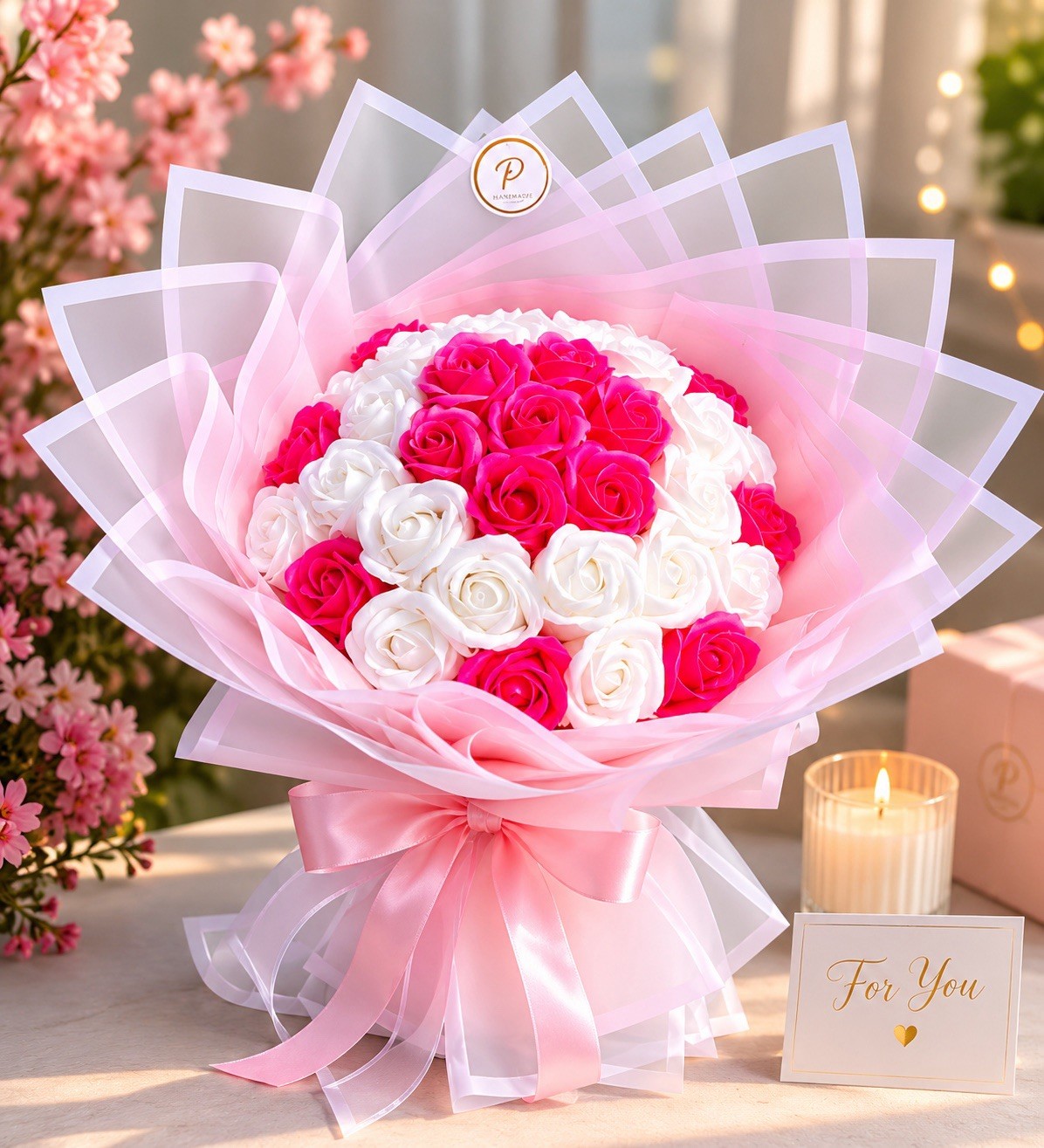 37 Pink & White Soap Rose Bouquet – Handmade Gift
