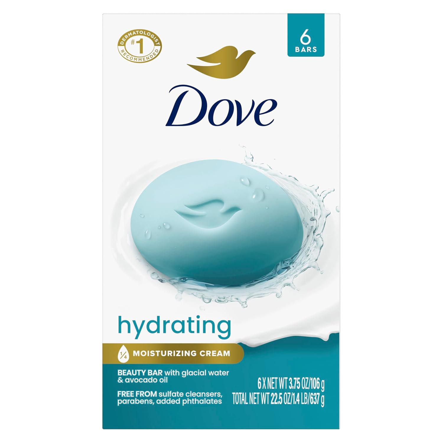 Dove Hydrating Beauty Bar Soap 6 Count, Glacial Water & Avocado Oil, 3.75 Oz I H