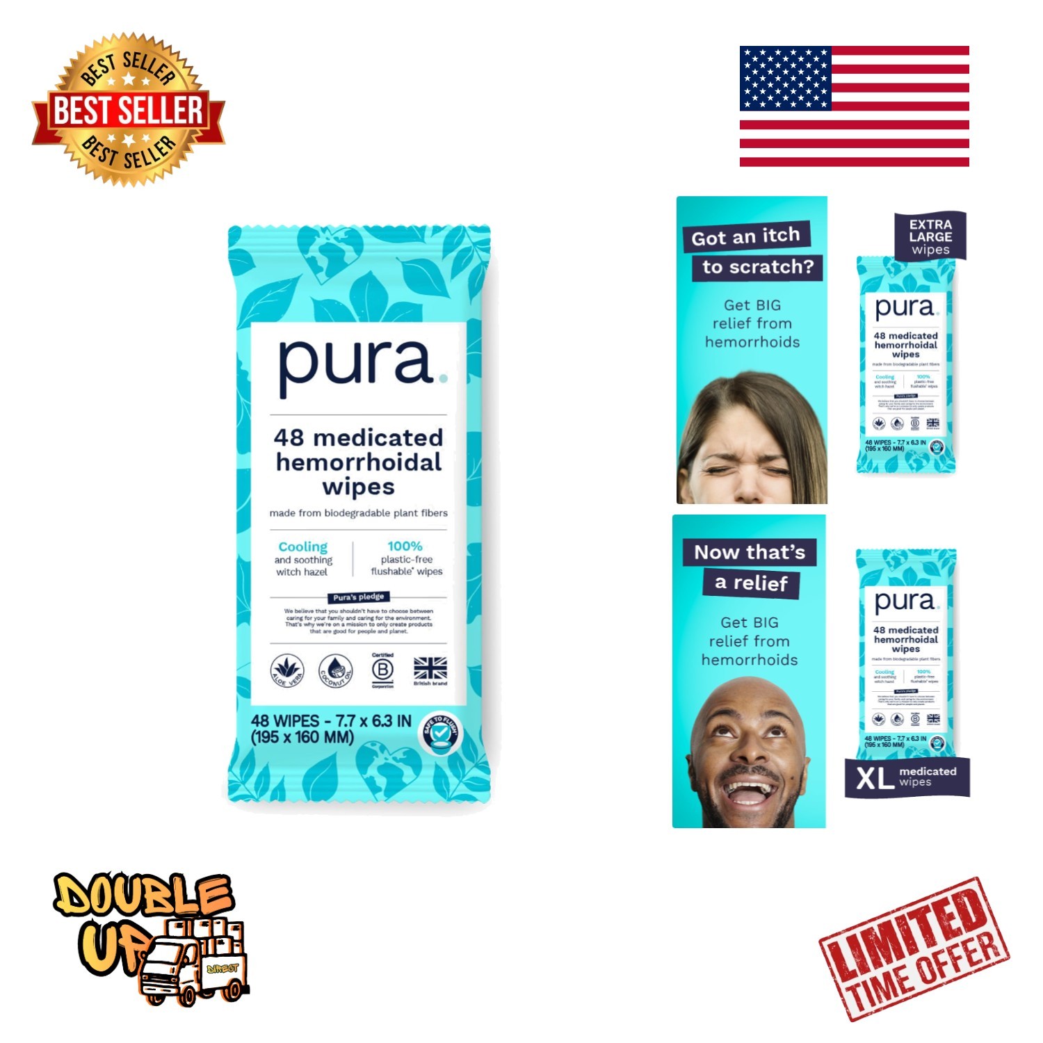 XL Flushable Hemorrhoid Wipes, 2 Packs of 48 (96 Wipes), Extra Large Medicated W