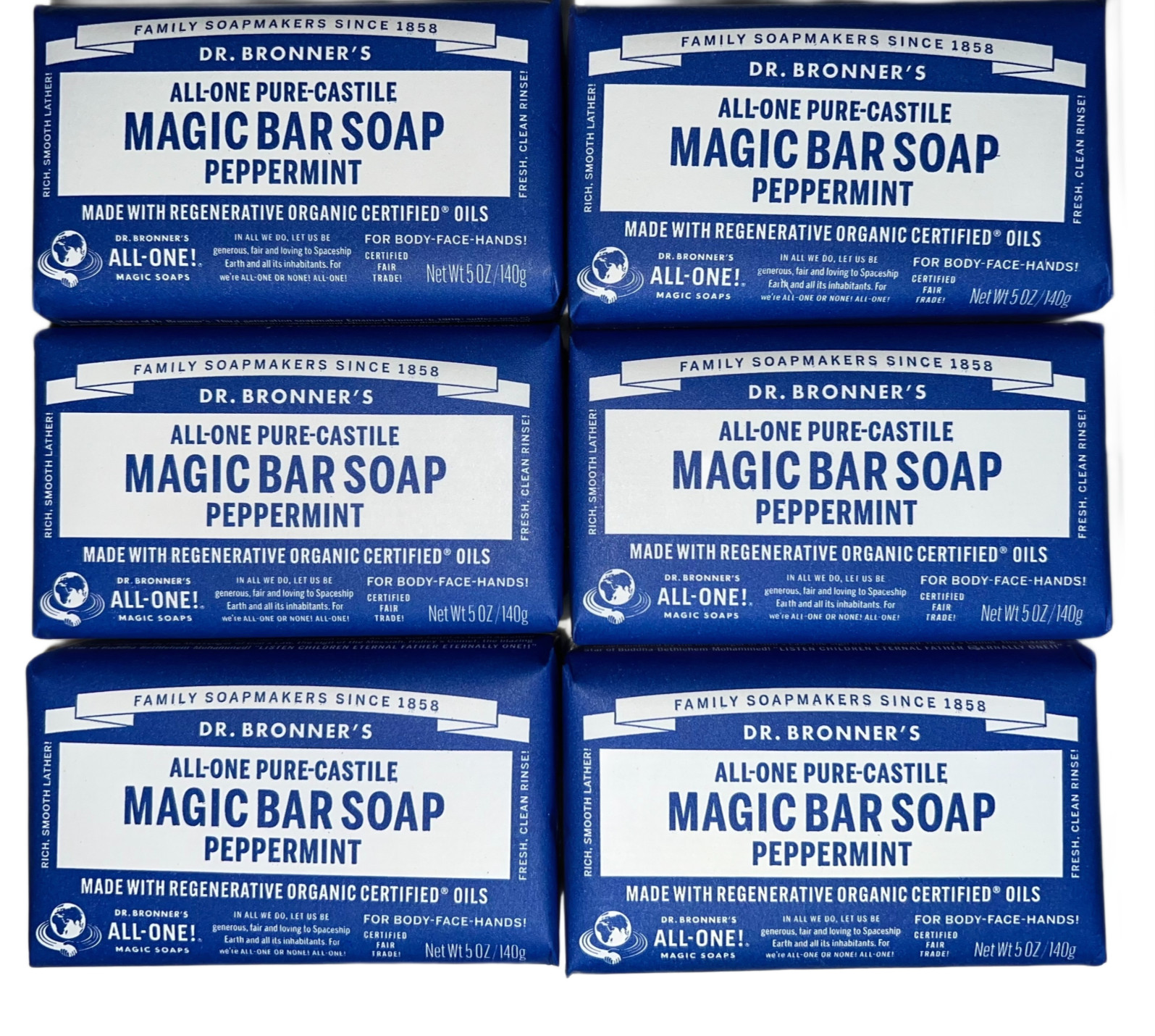 Dr Bronner’s All‑Pure Castile Magic Bar Soap Peppermint 5oz 6 Bar Box New