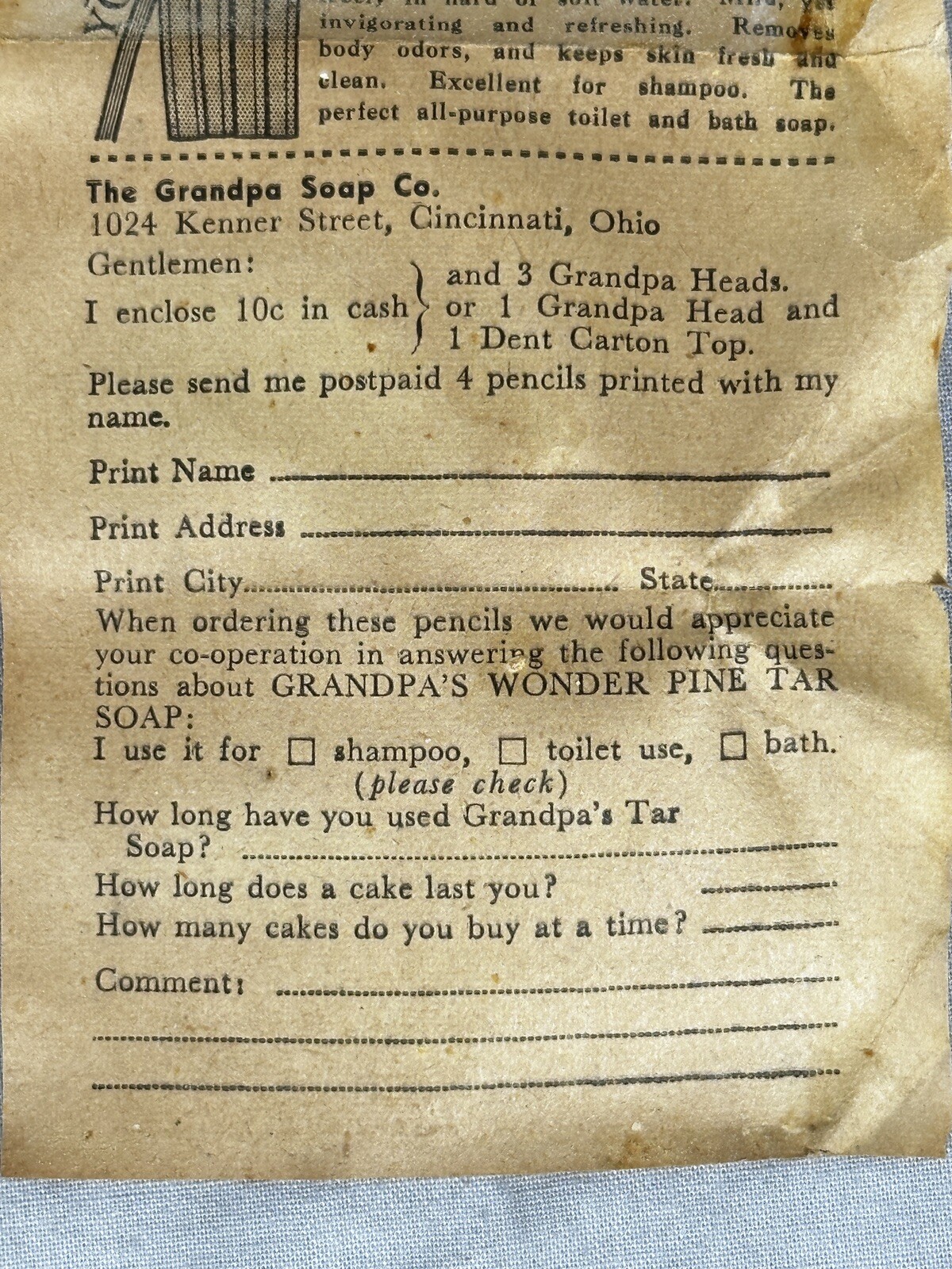Antique Grandpa’s Wonder Pine Tar Toilet Soap Cincinnati Ohio Orig Paper Insert