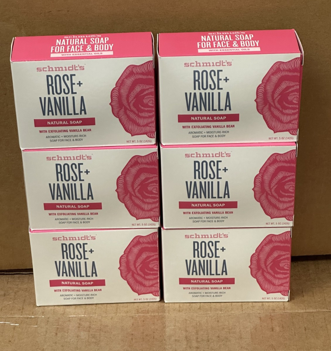 6 Pack Schmidt’s Rose & Vanilla Natural Soap with Exfolaiting Vanilla Bean, 5 oz