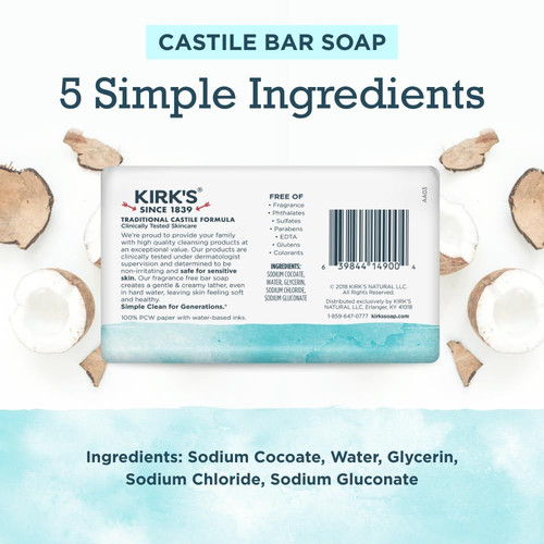 Kirk’s Castile Bar Soap for Men, Women & Children – Made 4 Ounce (Pack of 6)