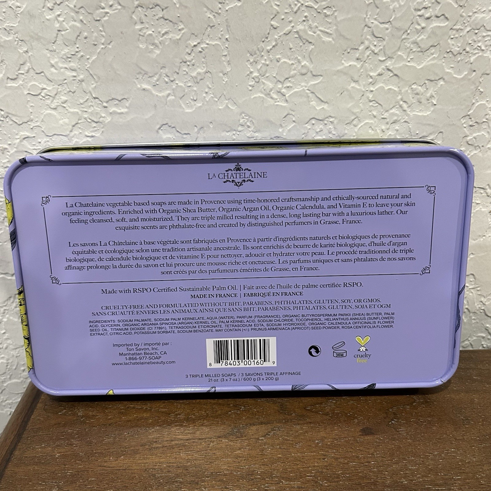 New, La Chatelaine Luxury Soap Bars (3-7oz.) Lavender, Lychee, Lemon Verbena