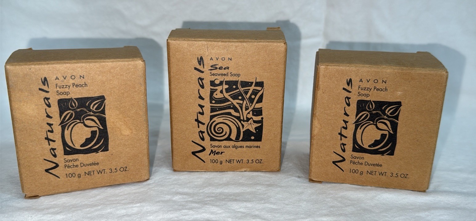 3 Avon Naturals Vintage Seaweed (1) & Fuzzy Peach (2) Bars Body Soap 3.5 oz