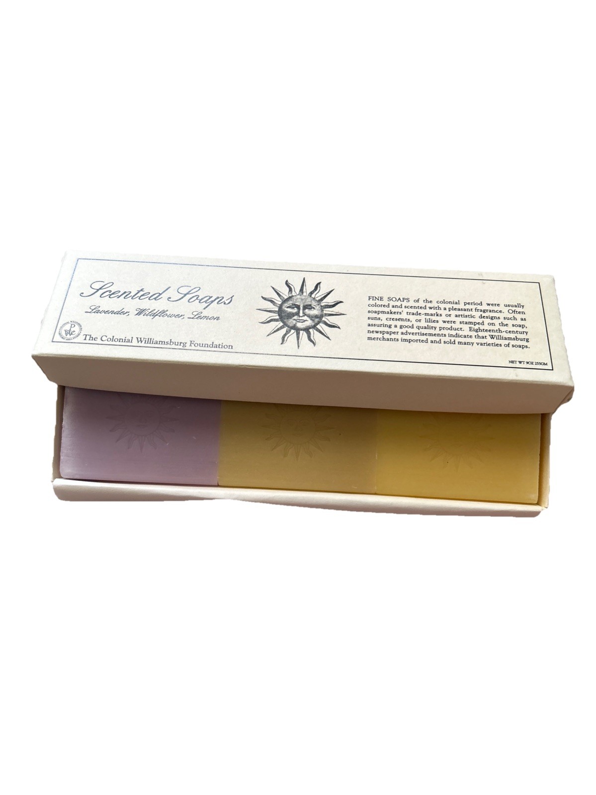 Colonial Williamsburg Foundation 3 Scented Soaps Lavender Wildflower Lemon. NOS.
