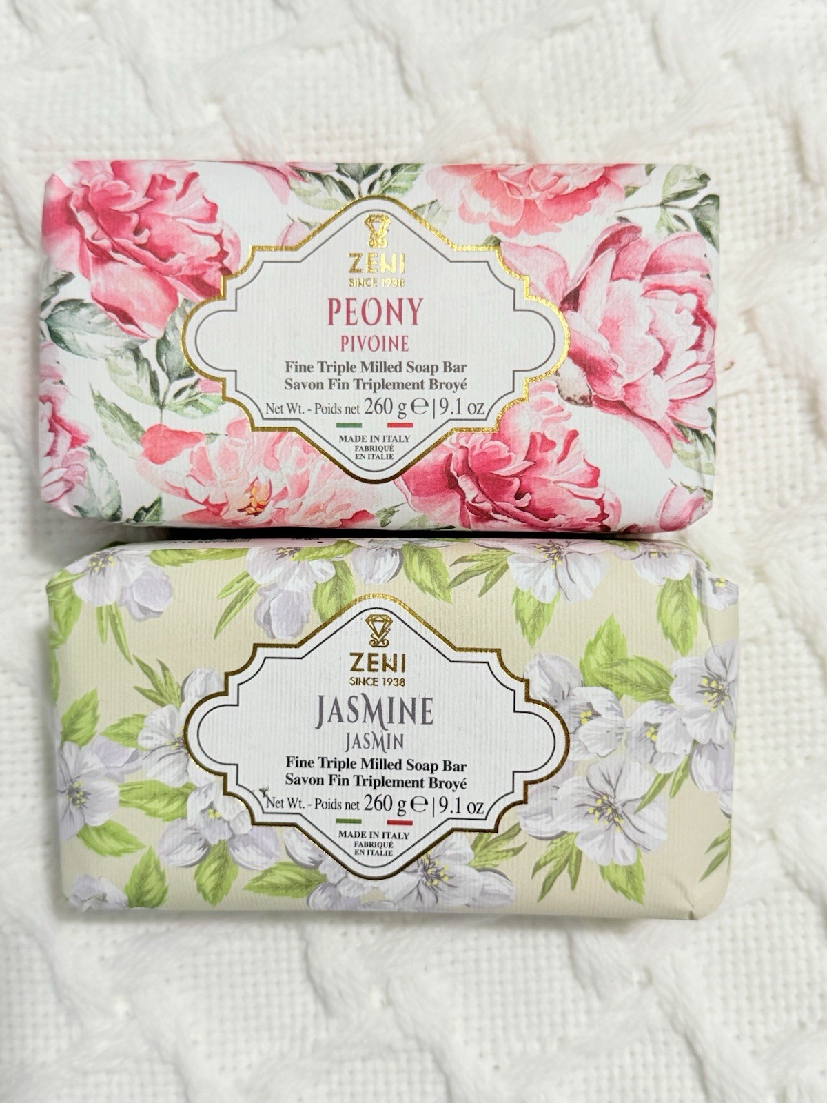 2 pcs ZENI Scent :Peony & Jasmine Fine Triple Milled ITALIAN Soap Bar 9.1 Oz