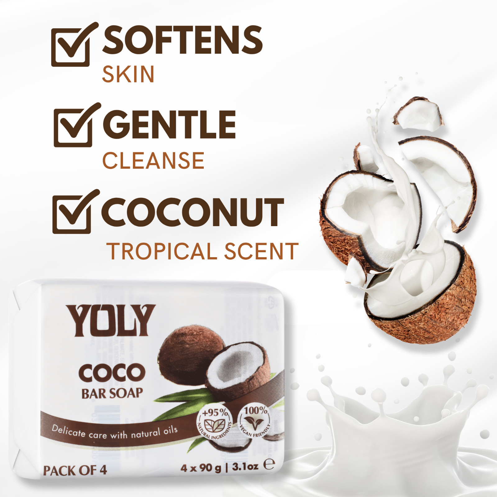Yoly Bar Soap Coconut 4 Pack 90g each –Gentle Daily Cleanser