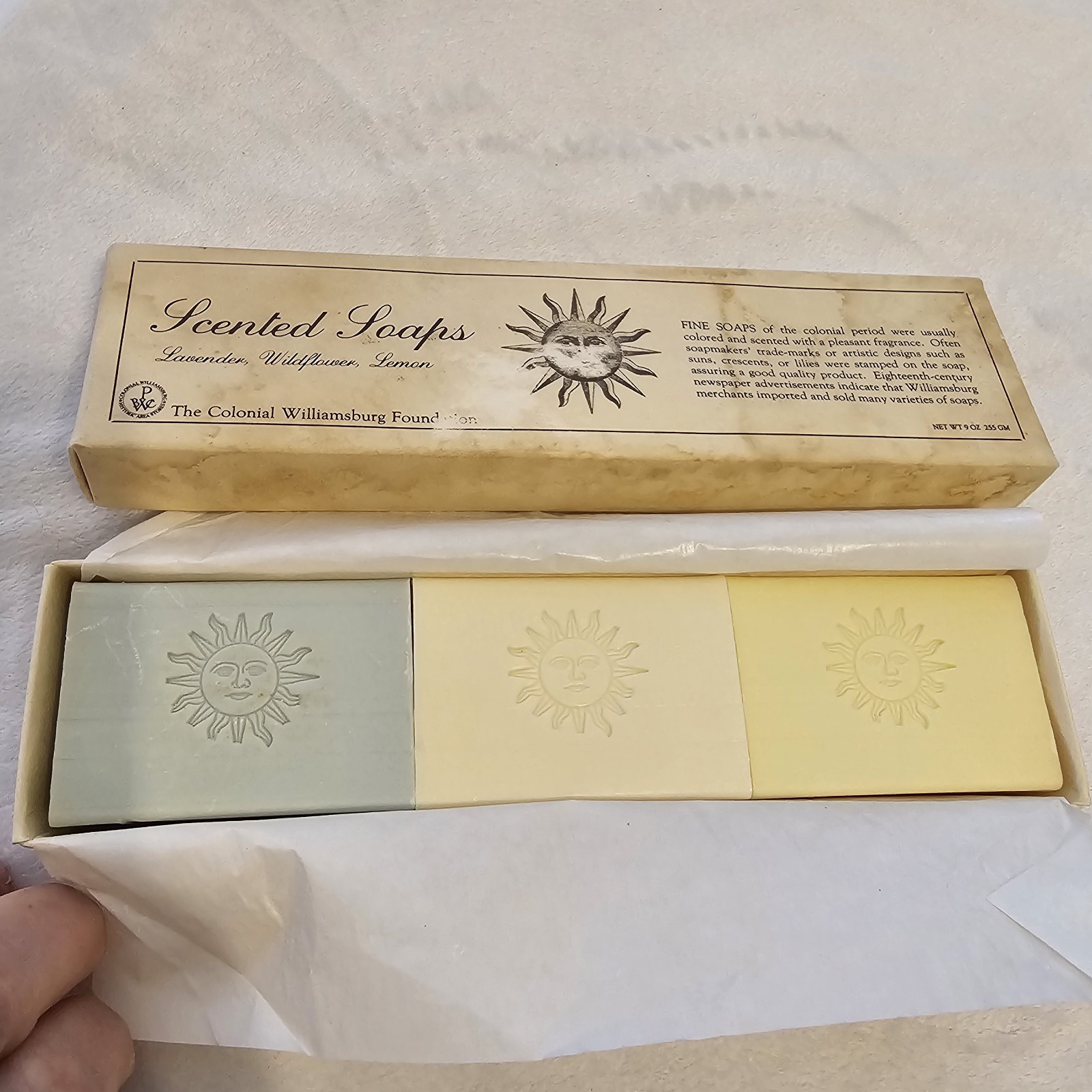 Colonial Williamsburg Foundation 3 Scented Soaps Lavender Wildflower Lemon. NOS.