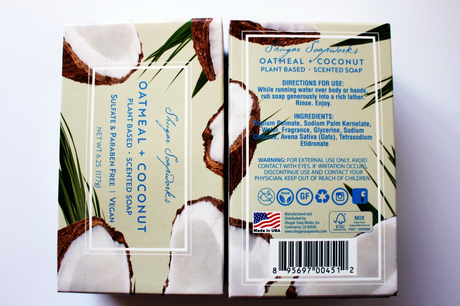 2 pack Shugar Soapworks Venga Oatmeal Coconut Jumbo Bar of Soap 6.25 oz.