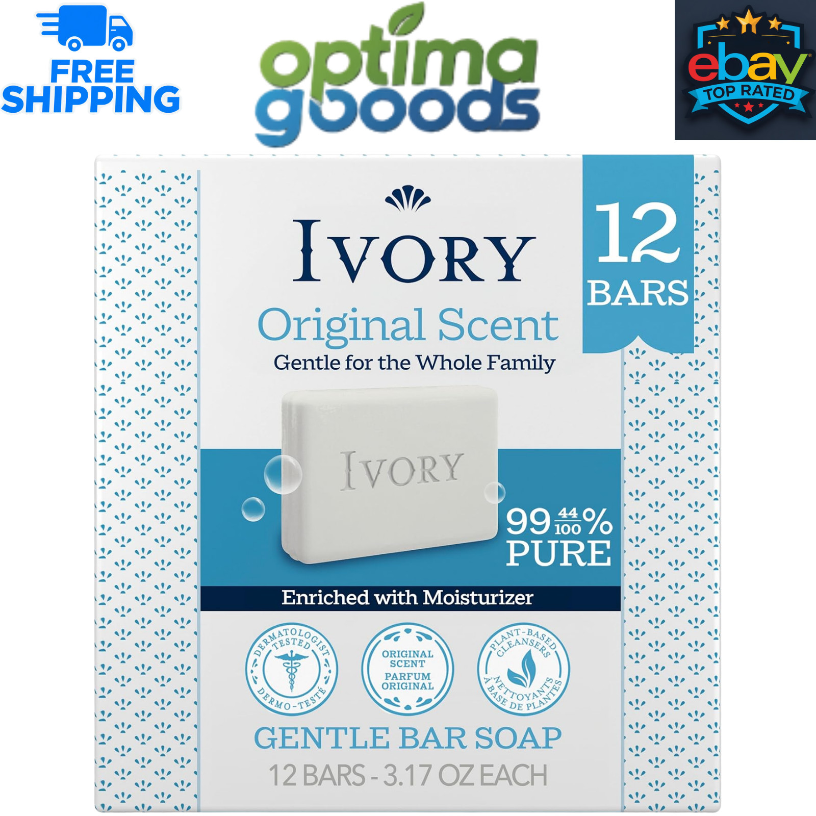Ivory Gentle Bar Soap Original 3.17 oz 12 Count 99.44% Pure Plant Based Cleanser