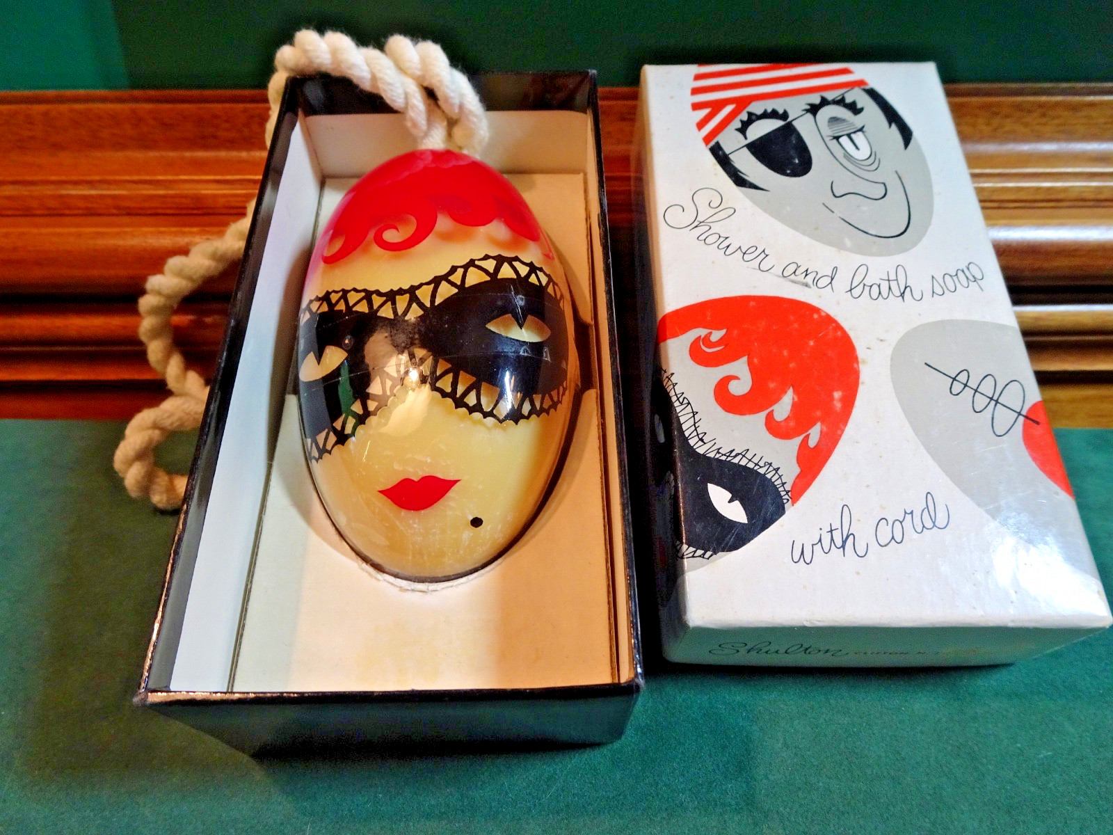 SHULTON ART DECO SHOWER & BATH SOAP ON A ROPE CORD, USA, WOMAN MASK, USA