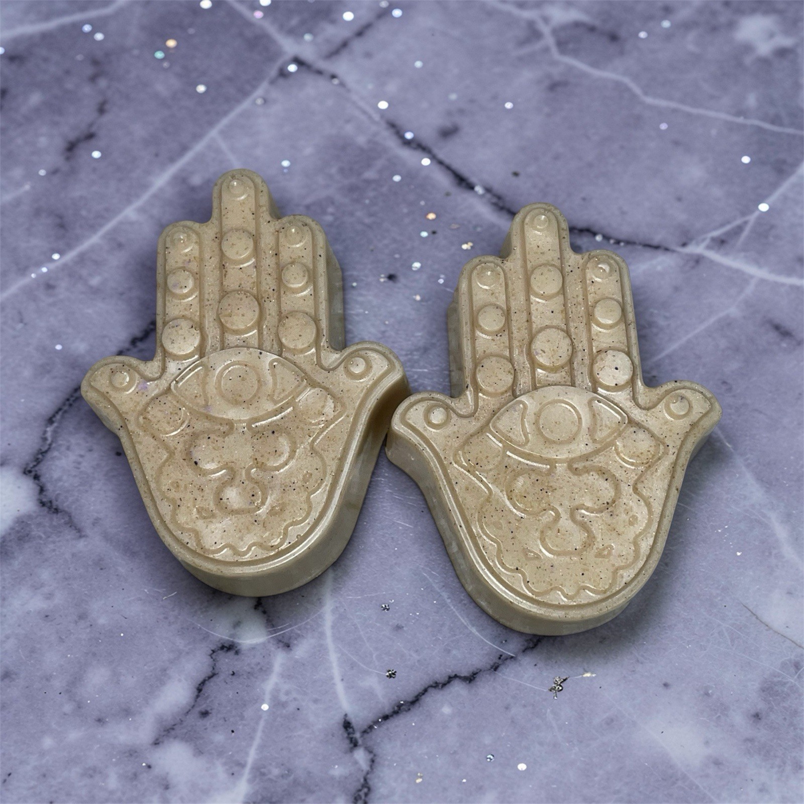 Set Of 2 Evil Eye Hamsa Hand All Natural Oatmeal Soap w/ Purple Flake, Patchouli