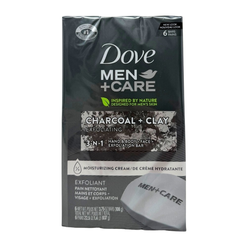 Dove Men+Care 3-In-1 Exfoliating Bar Soap, Charcoal + Clay, 3.75 Oz, 6 Count