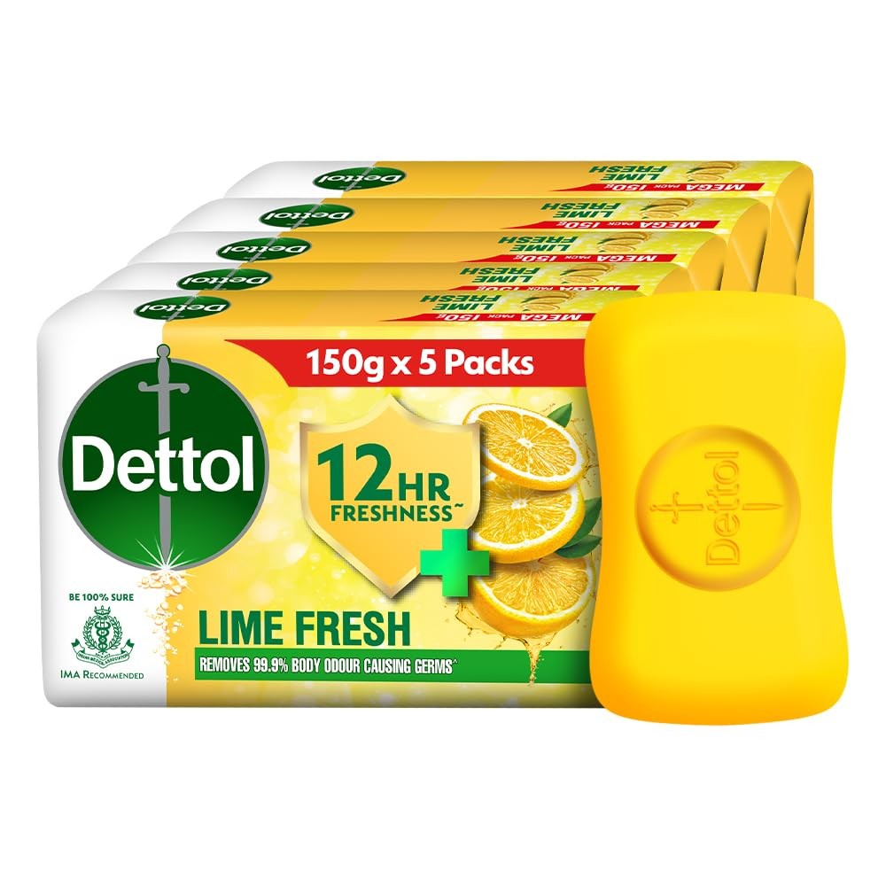Dettol Lime Fresh Soap Bar 150gm Pack of 5 | 12hr Long Lasting Freshness