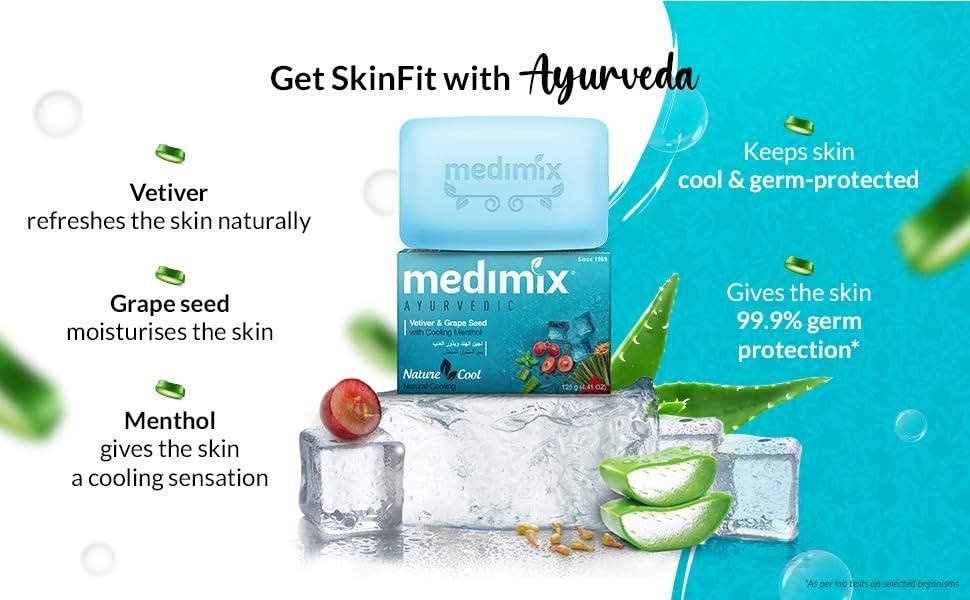 🔥Medimix Cooling Ayurvedic Soap Pack of 5 | Vetiver Menthol Grape Seed | 625g🔥
