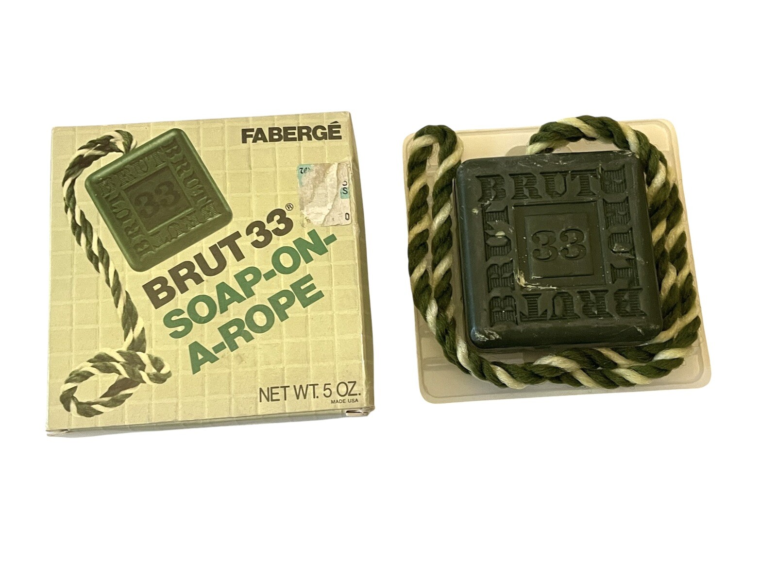 Vintage FABERGE BRUT 33 Soap On A Rope 5 Oz Retro Green Packaging 1980s