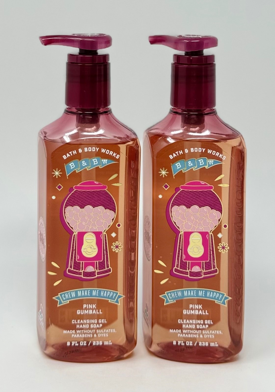 2 NEW BATH & BODY WORKS PINK GUMBALL BUBBLE GUM CLEANSING GEL HAND SOAP WASH 8OZ