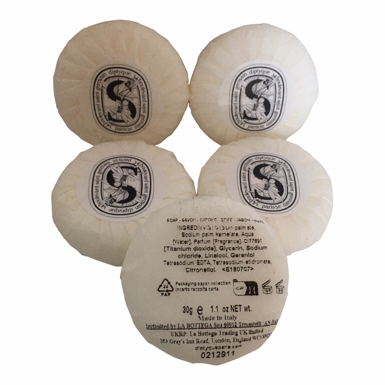 5 Diptyque L’ART DU SOIN Travel Size Soap Bars Exclusively for LA BOTTEGA 1.1oz