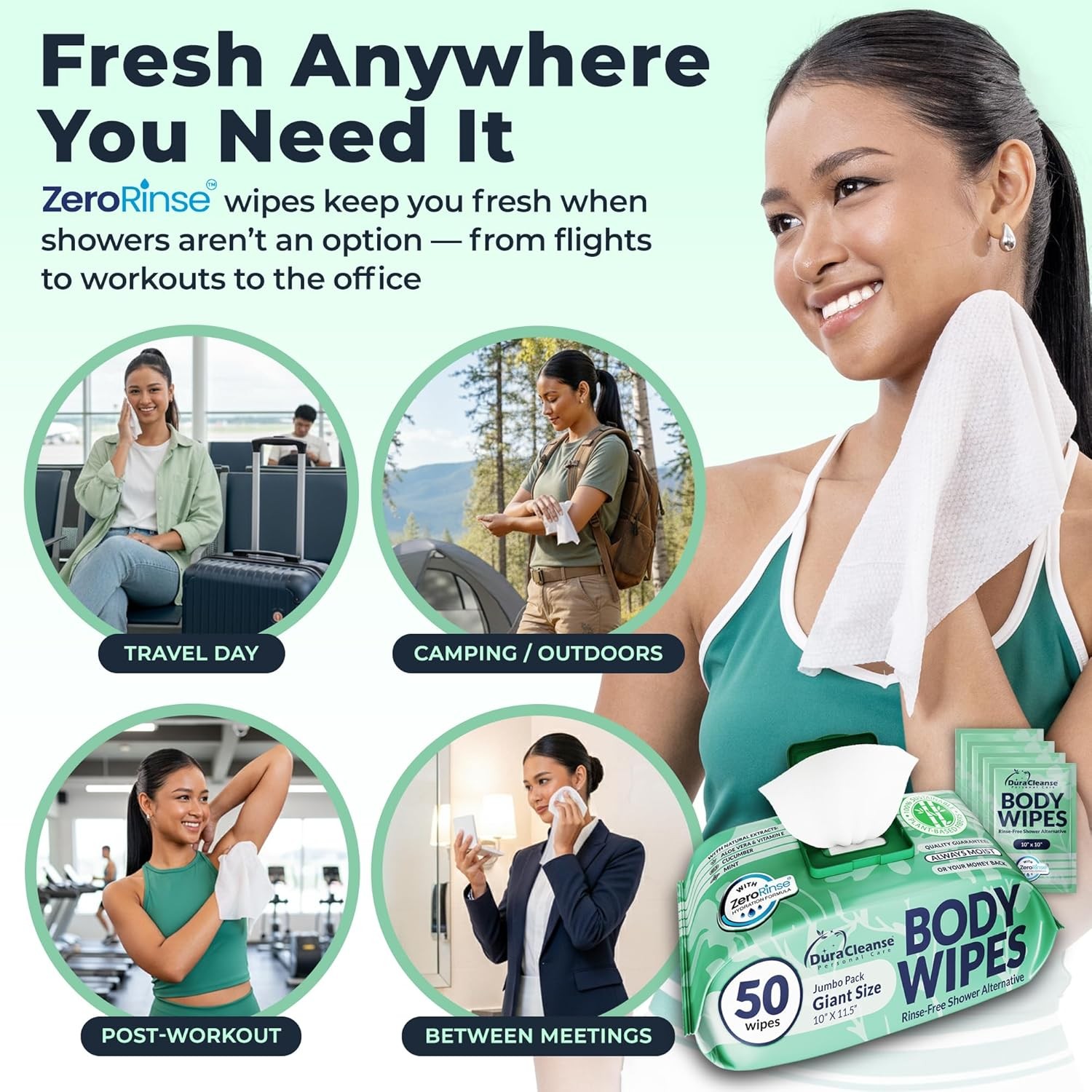 Body Wipes for Women, Extra Moist No Rinse Bathing Wipes-50 XL Shower Cloths