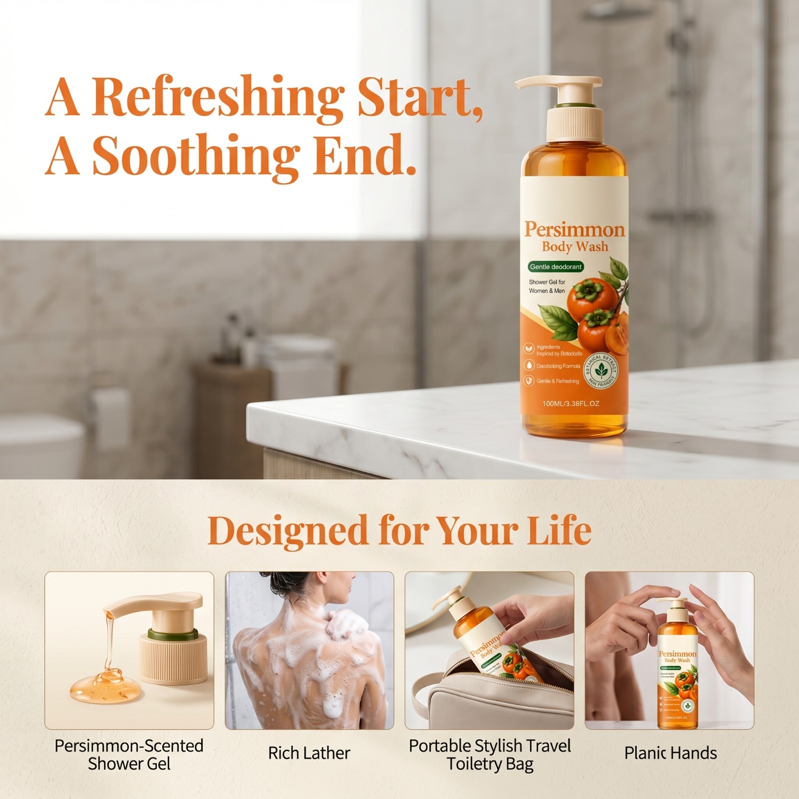 Persimmon Natural Deodorant Bar Soap, Deep Cleansing for Body & Foot Odor 100ml