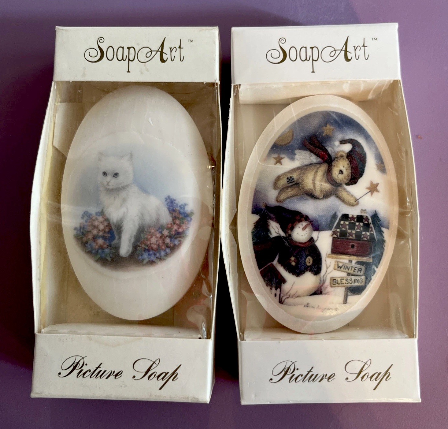 Two Vintage Soap Art Bars Featuring (1) Snowman & Angel Bear, (2) White Kitten