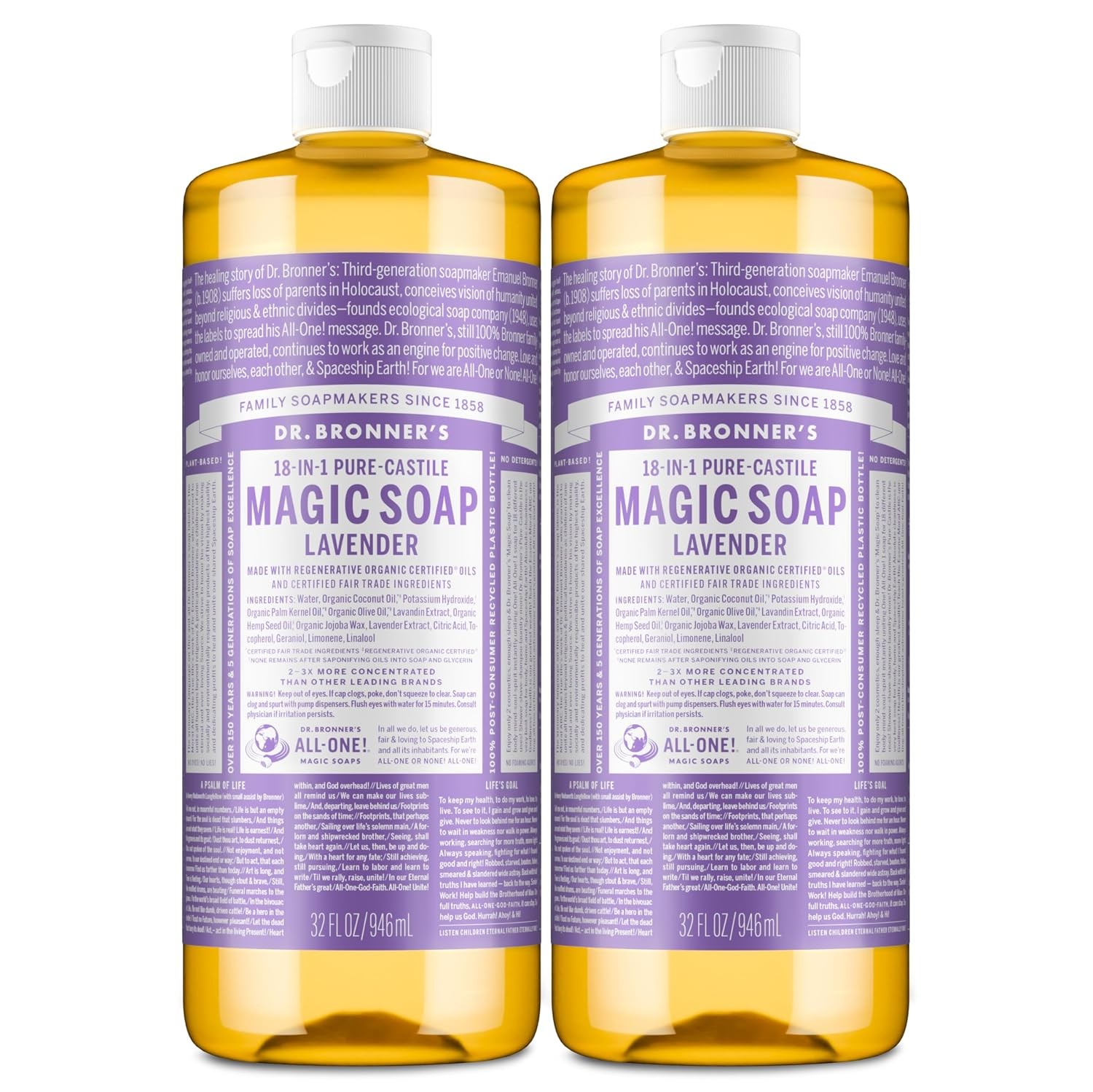 Pure-Castile Liquid Soap, Made with Organic Oils, 18-In-1 Uses: Face, Body, Hair