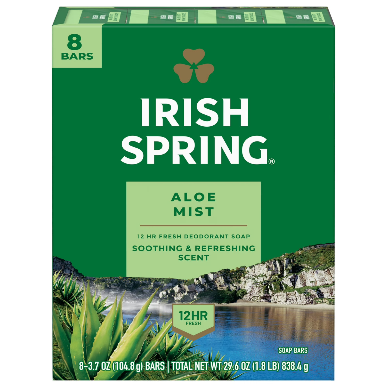 (8 Pack) Irish Spring Aloe Mist Deodorant Bar Soap for Men 12H Fresh, 3.7 oz Bar