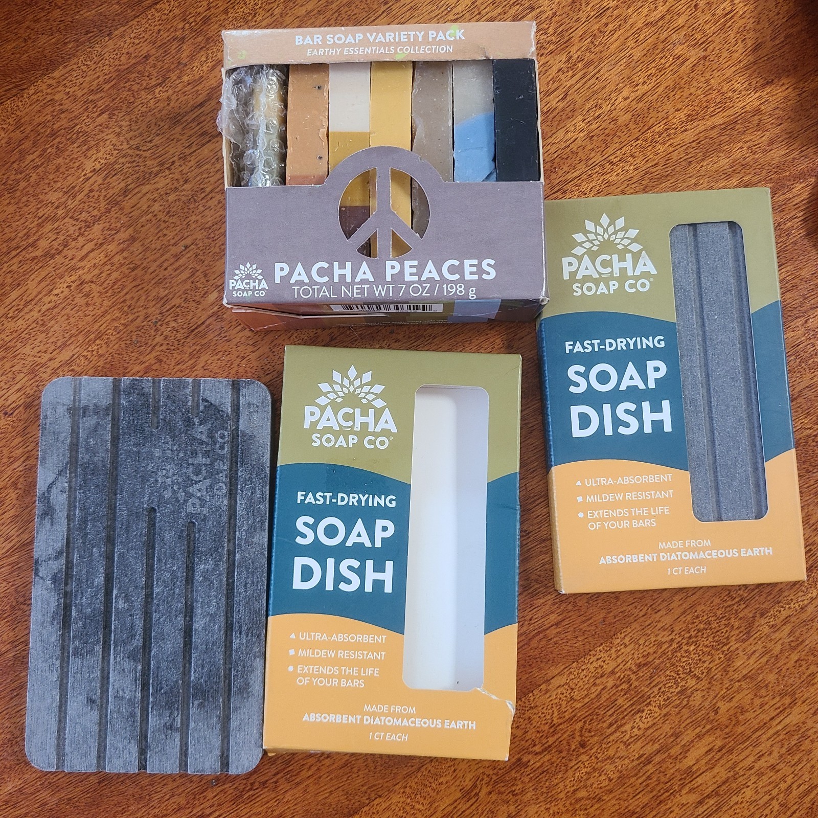 Open Box Pacha Peaces Bar Soap Handcrafted 6½ oz + 2 Fast-Drying Soap Dishes