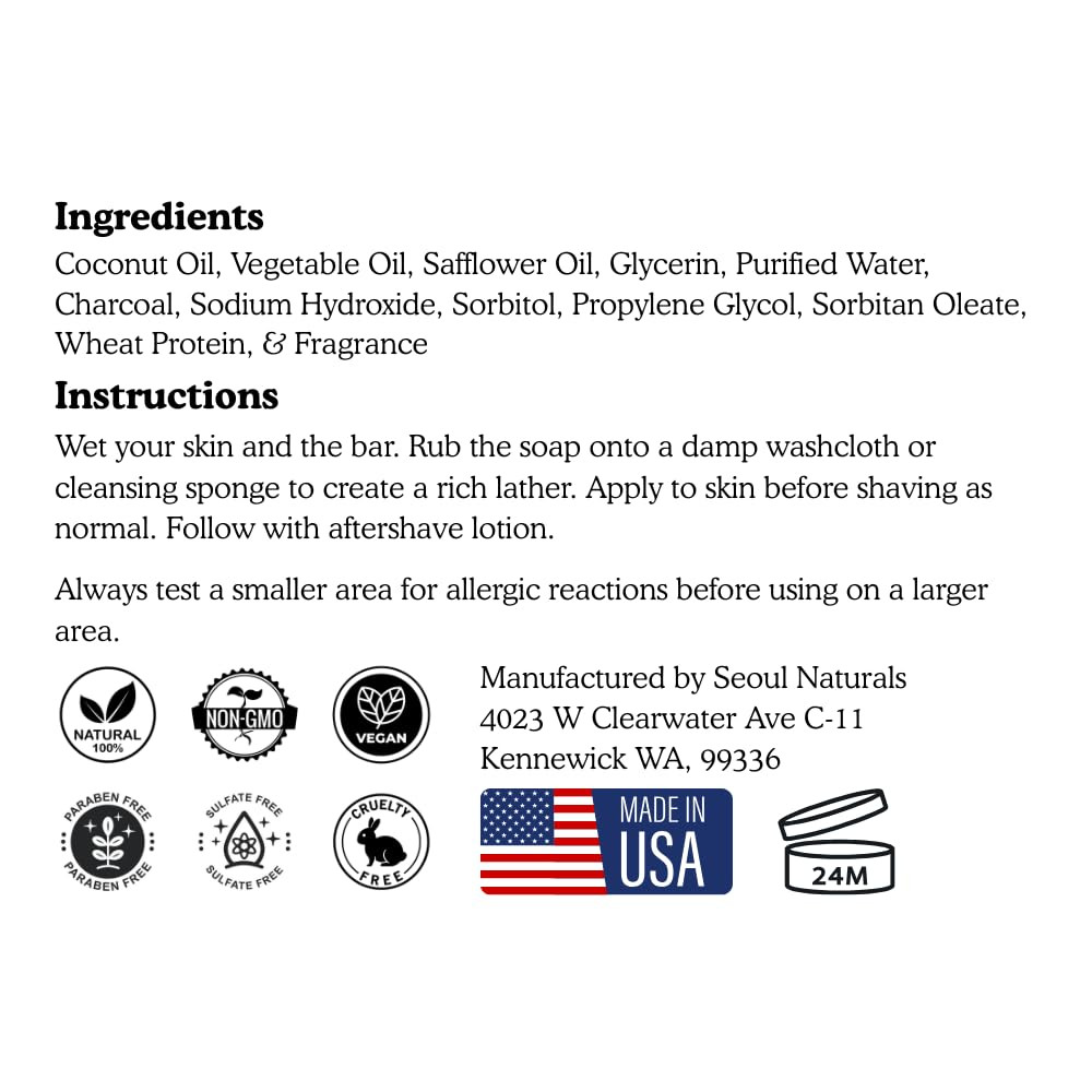 Shaving Bar Soap, Tobacco Scented with Activated Charcoal, K Beauty, 5.5 Oz