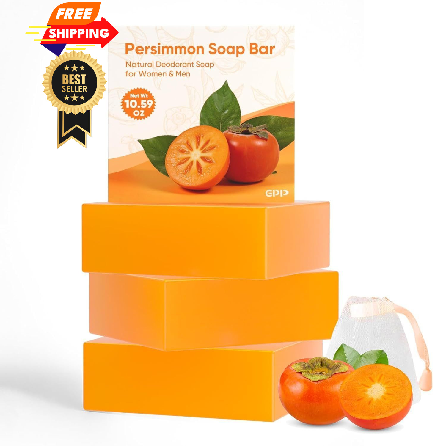 GPP Persimmon Soap Bar for Body Odor Control – 3 PCS 3.53 Ounce (Pack of 3)