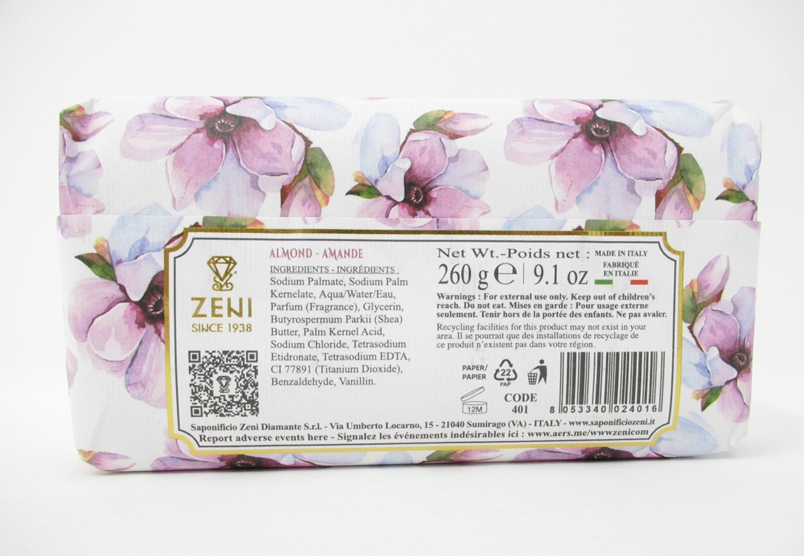 Zeni Italian Luxury Bath Bar Soap Almond scented large 9.1oz