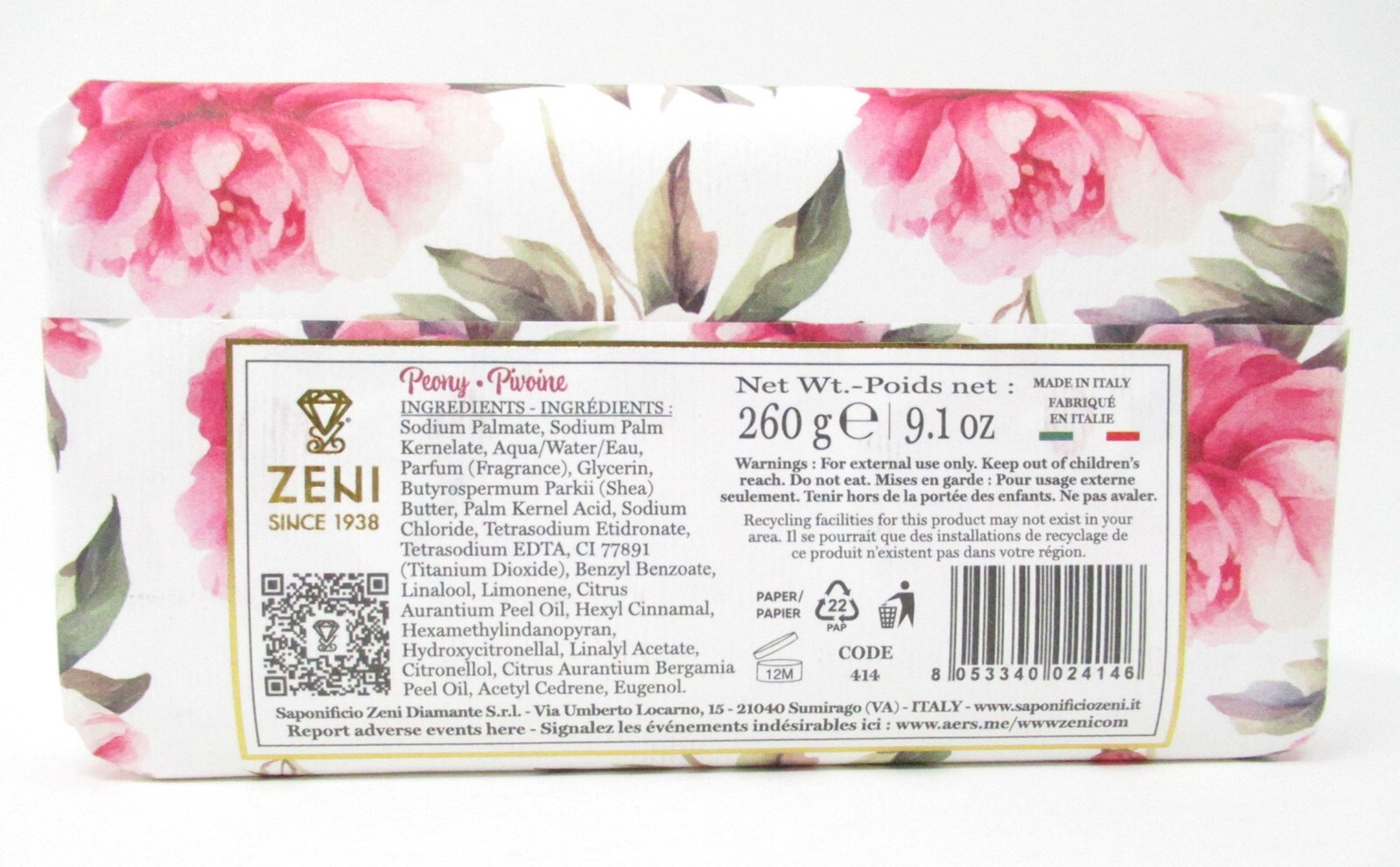Zeni Italian Luxury Bath Bar Soap Peony floral scented large 9.1oz